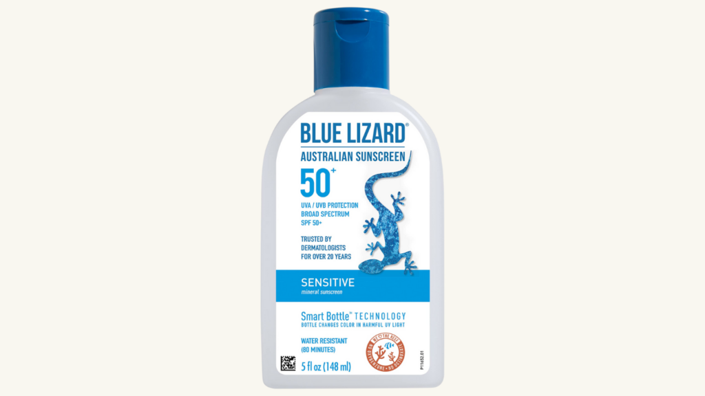 BLUE LIZARD Sensitive Mineral Sunscreen with Zinc Oxide, SPF 50+, Water Resistant, UVA/UVB Protection with Smart Bottle Technology - Fragrance Free, 5 oz SPF 50+ 5 Fl Oz (Pack of 1)