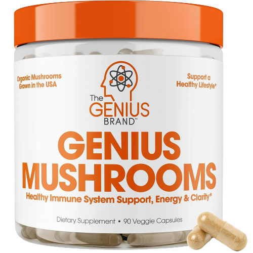 Genius Mushroom - Lions Mane, Cordyceps and Reishi - Immune System Booster & Nootropic Brain Supplement - for Natural Energy, Memory & Liver Support, 90 Veggie Pills 90 Count (Pack of 1)