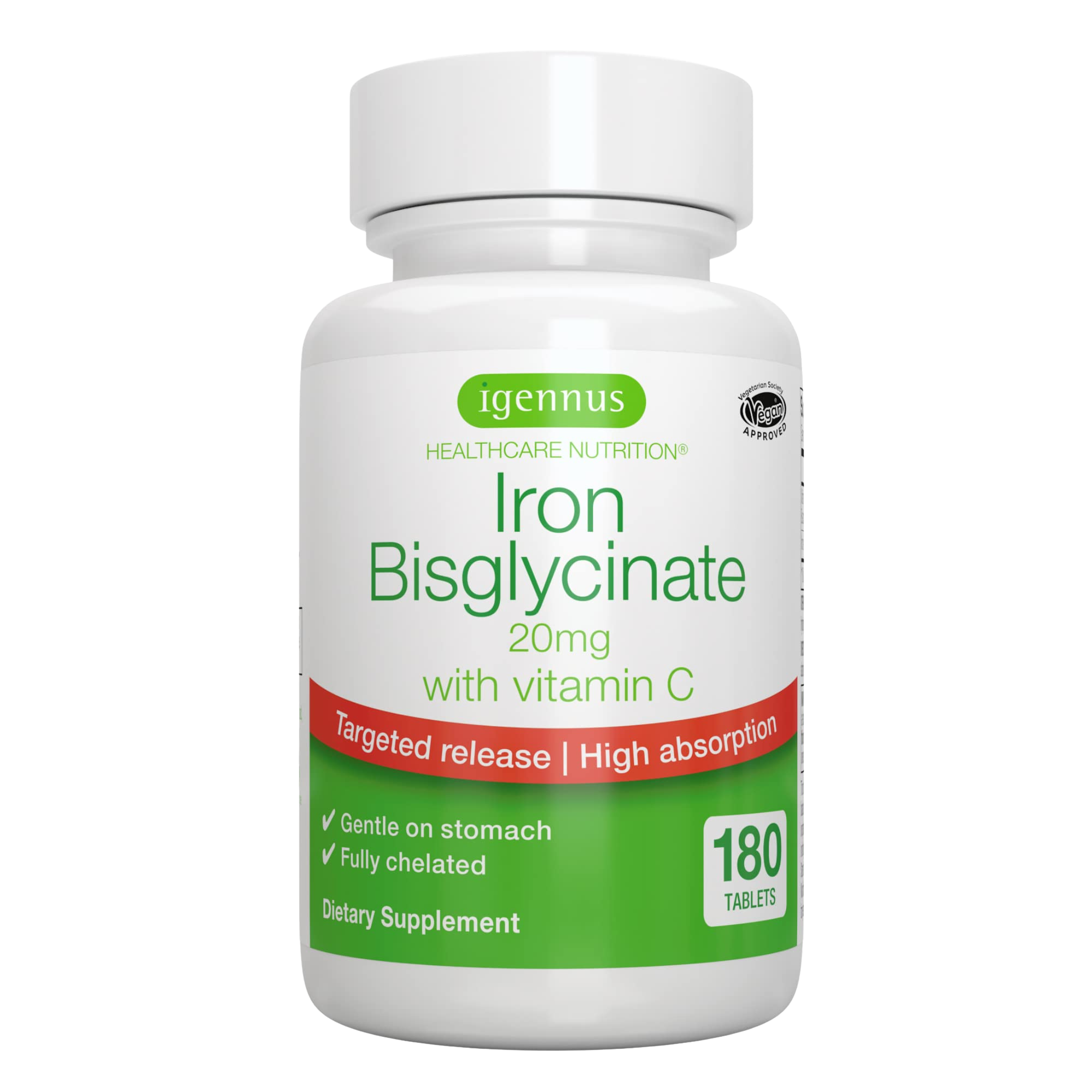 High Absorption Chelated Iron Bisglycinate 20mg with Vitamin C, Gentle Iron