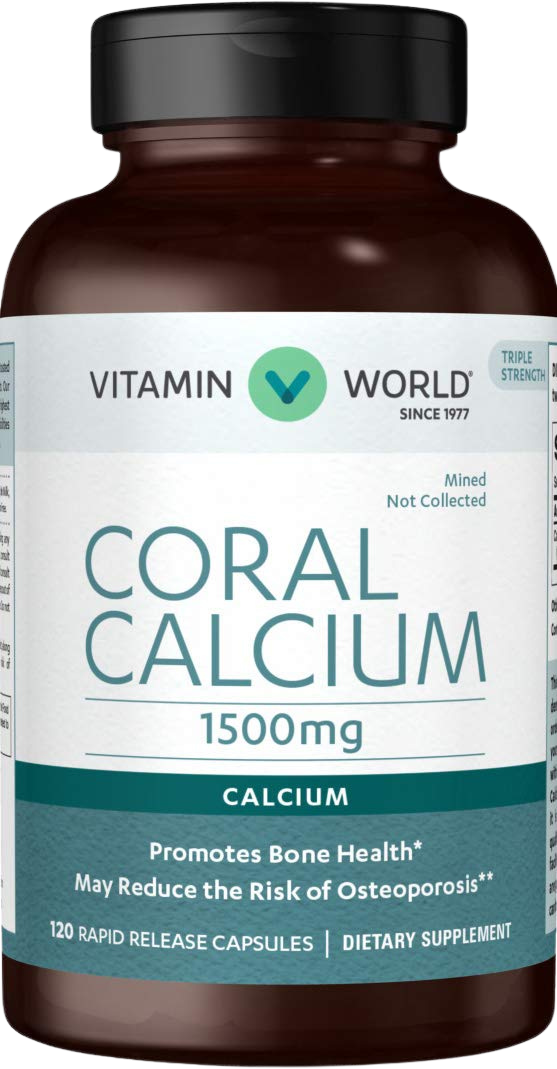 Vitamin World Coral Calcium 1500 mg. 120 Capsules, Mineral Supplement, Rapid-Release, Gluten Free