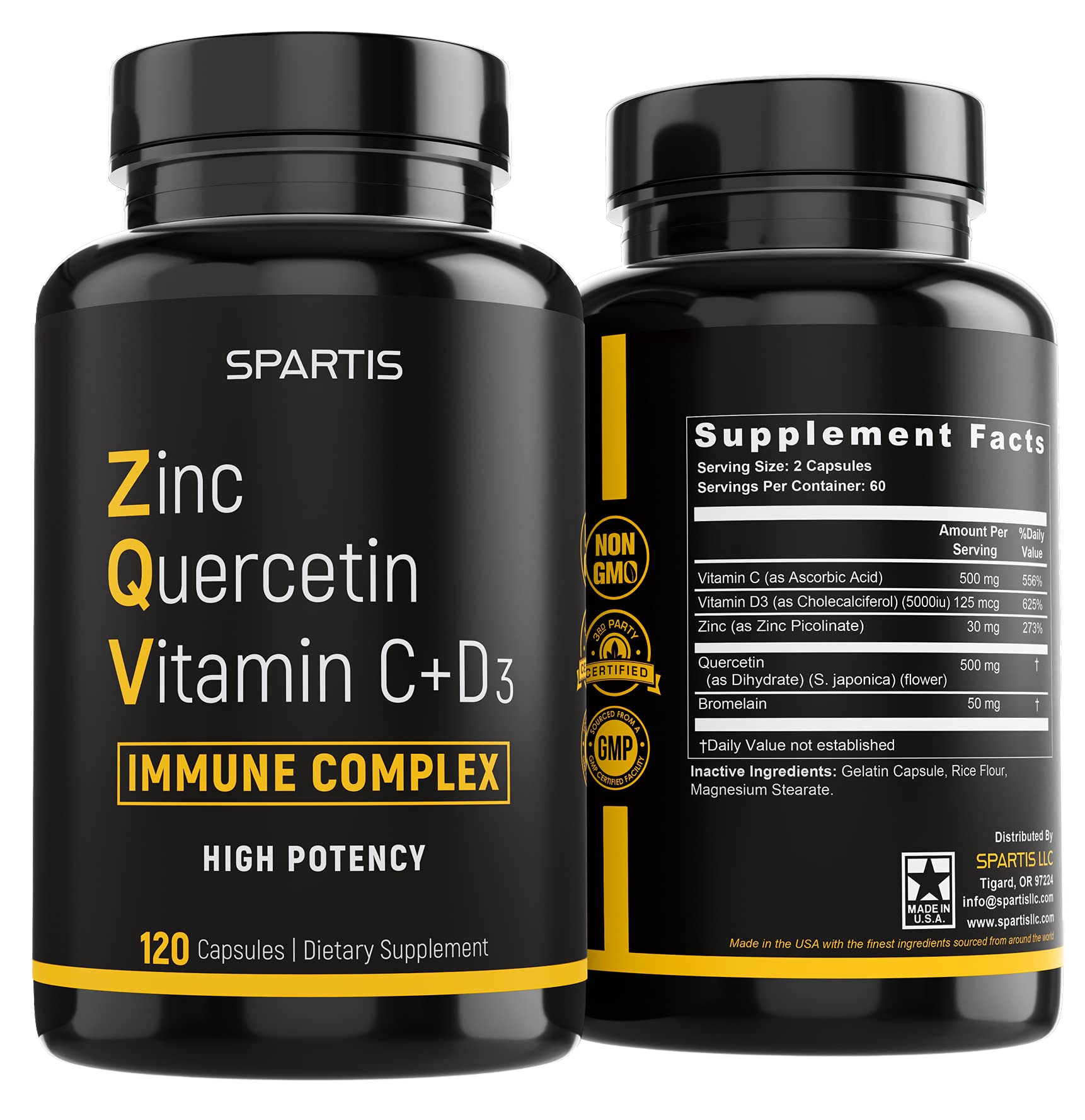 SPARTIS Zinc Quercetin 500mg with Vitamin C Vitamin D3 Bromelain Immune Support High Potency Quercetin Zinc Supplement ZQV